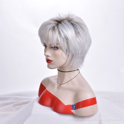 Wholesale Heat Resistant Synthetic Natural Straight Silver White Short Wig Synthetic Hair Wigs For Women